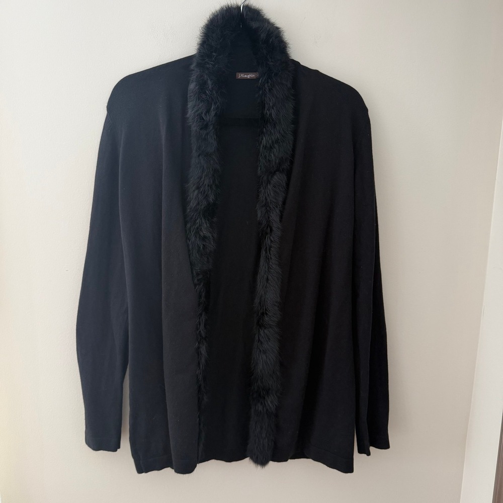 J.McLaughlin Black Rabbit Fur Trim Open Front Cardigan Sweater Mens Small
